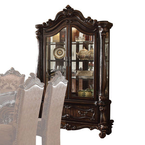 Curio Cabinet Arched Top: Touch Light & 2 Glass Doors (3 Glass Shelves & Back Mirror Inside) Base: 1 Drw Oversized Scrolled Trim, Leaf Crown and Post-Leg (Poly Resin with Antique Contrast Finish) Drawer: GLIDE Side Metal, DT French, Felt-Lined Included<br