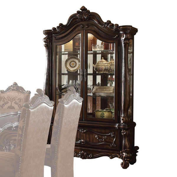 Curio Cabinet Arched Top: Touch Light & 2 Glass Doors (3 Glass Shelves & Back Mirror Inside) Base: 1 Drw Oversized Scrolled Trim, Leaf Crown and Post-Leg (Poly Resin with Antique Contrast Finish) Drawer: GLIDE Side Metal, DT French, Felt-Lined Included<br