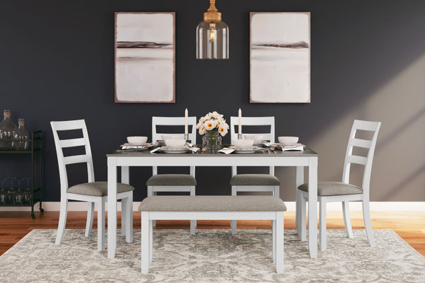  modern farmhouse feel with its clean-lined profile and chic two-tone color scheme. Its upholstered ladderback chairs are such a classic