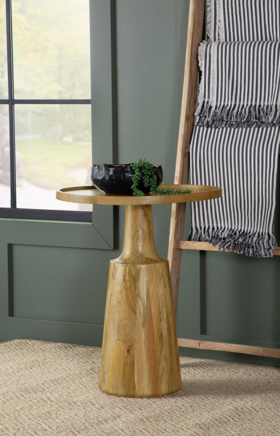This global-inspired round accent table offers a striking design for any space. An elegant, solid contoured base tapers toward the top that supports a round table surface. Raised edges define the silhouette even further and keep items in place. Made of an