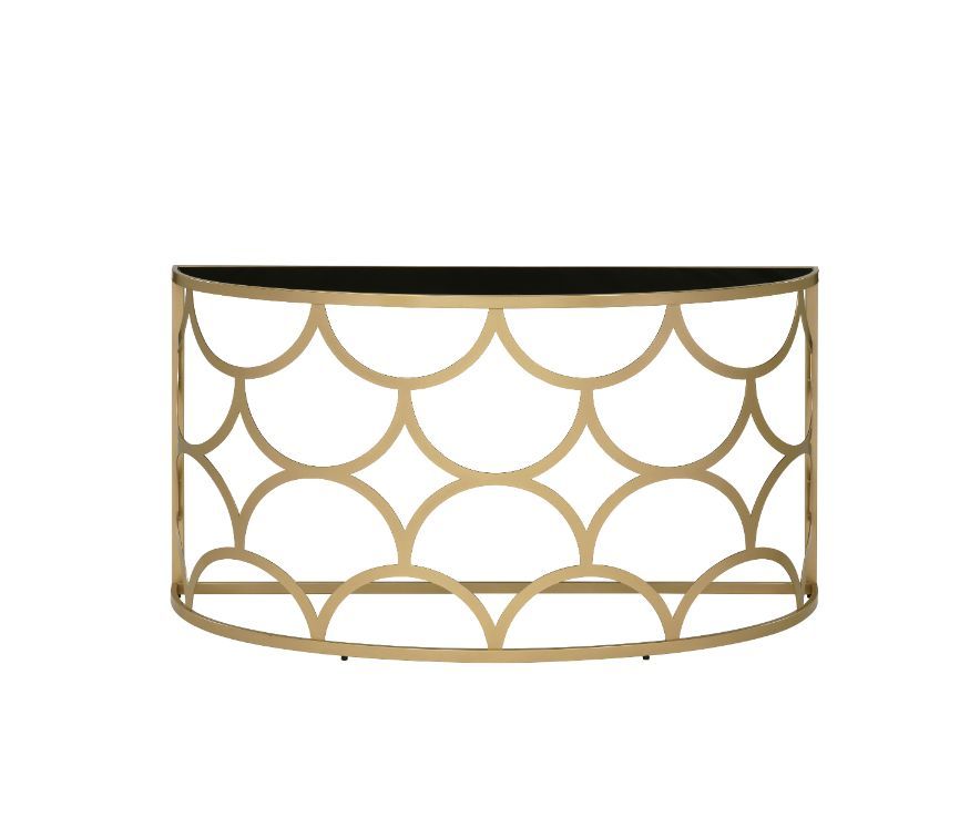 The sleek console table has timeless fashion and eye-catching appeal. It-'s metal base works perfectly with gold finish, showcasing a striking geometric silhouette in modern style. It features a tempered glass top in half-moon shape that provide elegance 