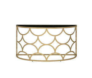  showcasing a striking geometric silhouette in modern style. It features a tempered glass top in half-moon shape that provide elegance 