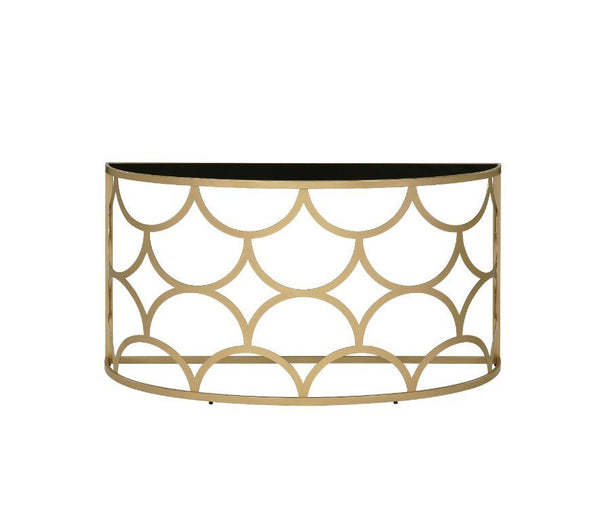  showcasing a striking geometric silhouette in modern style. It features a tempered glass top in half-moon shape that provide elegance 