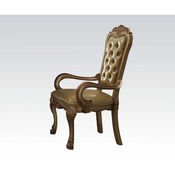 KD, Arm Chair (High Back) Stationary Seat: Standard Dining Height Padded SEAT & BACK: PU (Vintage Pattern) Feature: Crystal like Button Tufted, Nail-head Trim, Welt Cushion, Wooden Frame, Poly-Resin Trim Arched Backrest: PU Padded, Crystal like ButtonTuft