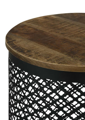  inviting look. The black iron drum base f