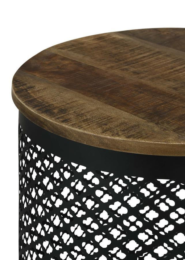  inviting look. The black iron drum base f