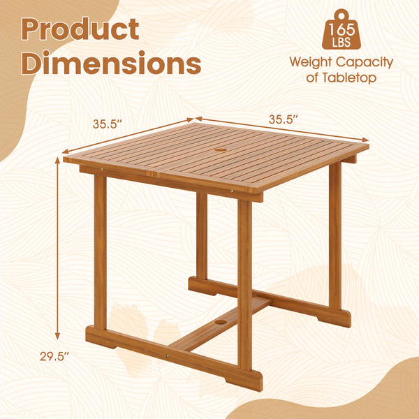 1.97" built-in umbrella hole enables easy installation of shade for sunny days<br>35.5" spacious tabletop offers ample room for meals and gatherings<br>Crafted from splinter-free  high-hardness and crack-resistant acacia wood<br>Offer space for the fruit 