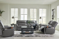 This reclining sofa and loveseat with matching recliner set appeals to your love for feature-filled furniture, all while maintaining a clean-lined and contemporary design. Pop-out storage and cup holders keep essentials close when you need them and tuck a