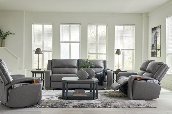 This reclining sofa and loveseat with matching recliner set appeals to your love for feature-filled furniture, all while maintaining a clean-lined and contemporary design. Pop-out storage and cup holders keep essentials close when you need them and tuck a