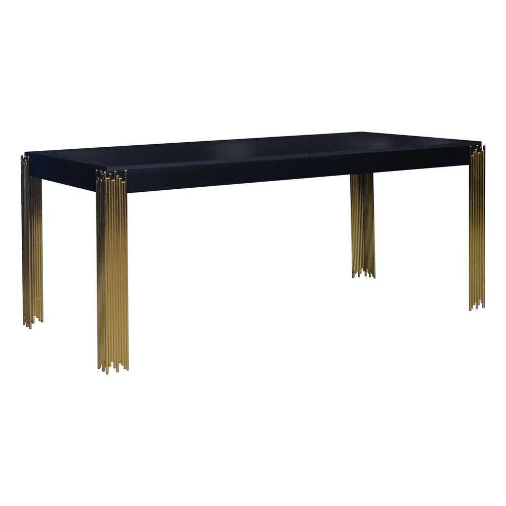 Introducing the Empire Dining Table, a stylish centerpiece for your dining area. Crafted with eco-friendly materials and a sleek black finish, this table exudes contemporary elegance while ensuring durability. Its gleaming gold tiered legs evoke the encha