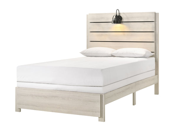 This bedroom set marries rustic appeal with contemporary lines, offering a cozy yet refined aesthetic to any modern home. The set features a generously sized bed with a broad, planked headboard with integrated sconces, creating an inviting ambiance. Flank