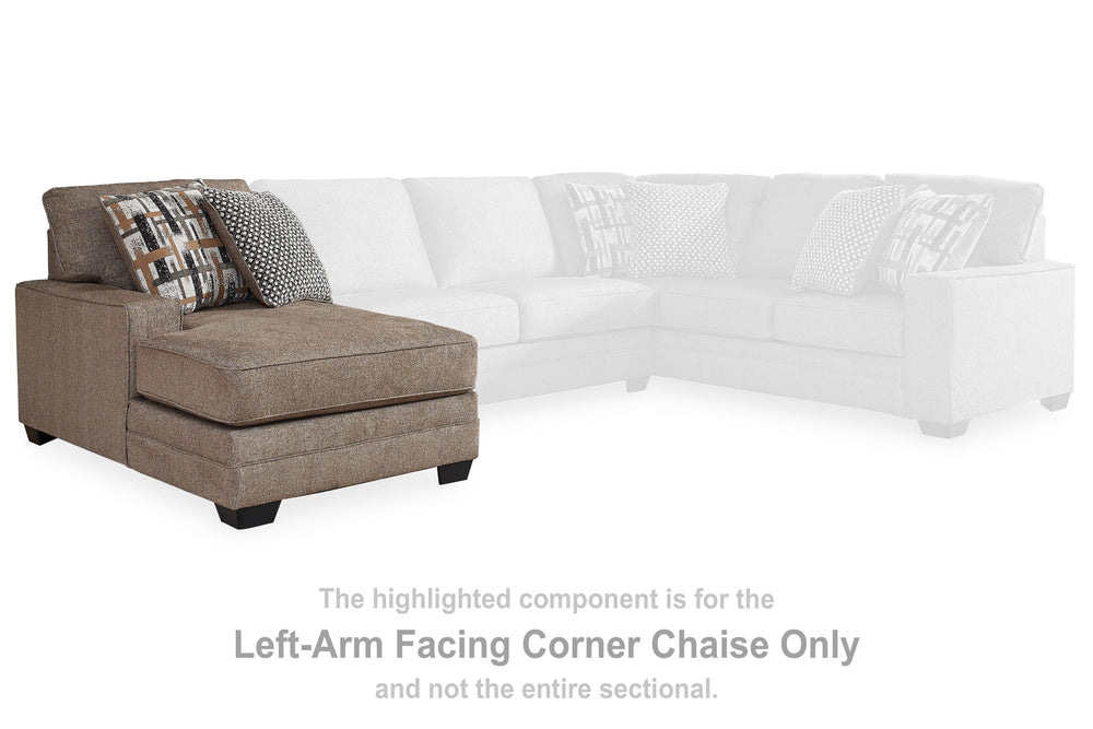 This left-arm facing corner chaise is made with polyester upholstery. Pairs with other items in the series to make a sectional.<br><br><b>Additional Dimensions</b><br><ul><li>Arm height: 25-"</li><li>Seat depth: 51-"</li><li>Seat height: 21-"</li><li>Top 
