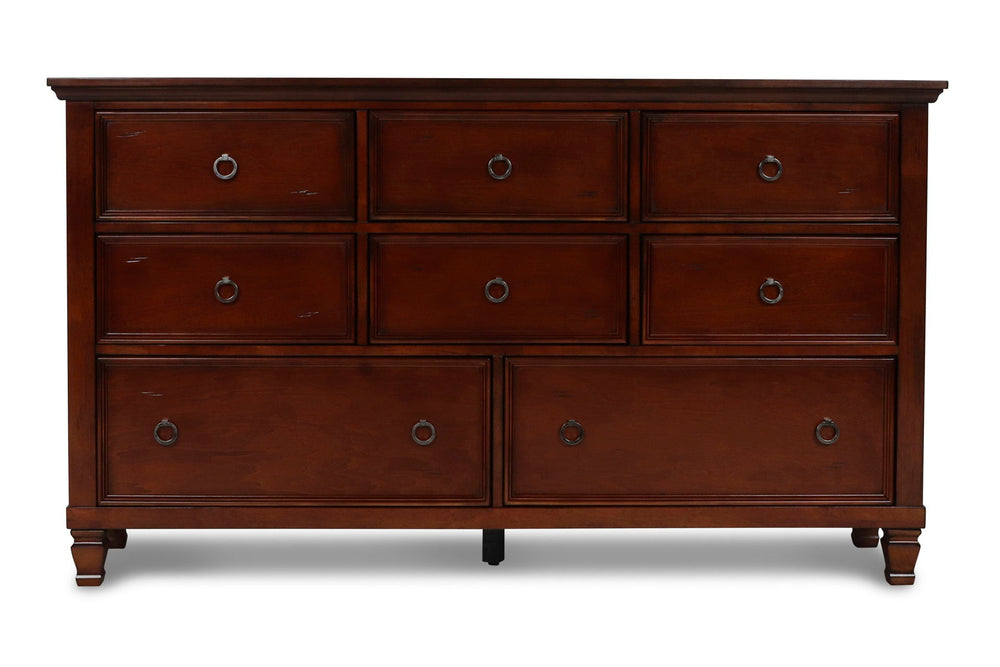 The Tamarack 8 Drawer Wood Dresser in brown cherry offers a perfect blend of durability and style. Built with a combination of solid poplar, basswood veneers, and eco-friendly manufactured wood, this dresser ensures strength and long-lasting durability. I