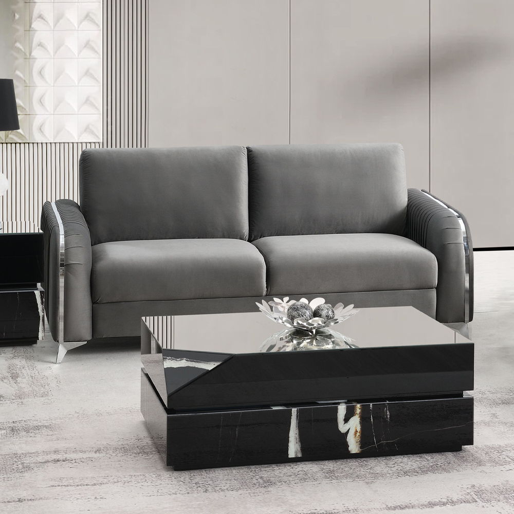 Make a bold statement with the Wenona blue velvet sofa. The blue color of the velvet upholstery is a classic color that will provide a fun pop of color in any home. This sofa is highlighted with polished chrome trim accents along the armrests and legs to 