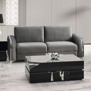 Make a bold statement with the Wenona blue velvet sofa. The blue color of the velvet upholstery is a classic color that will provide a fun pop of color in any home. This sofa is highlighted with polished chrome trim accents along the armrests and legs to 