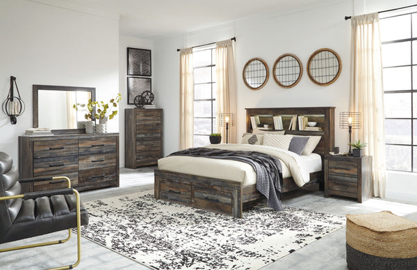 Drystan - Brown / Beige - Queen Bookcase Bed with 2 Storage Drawers