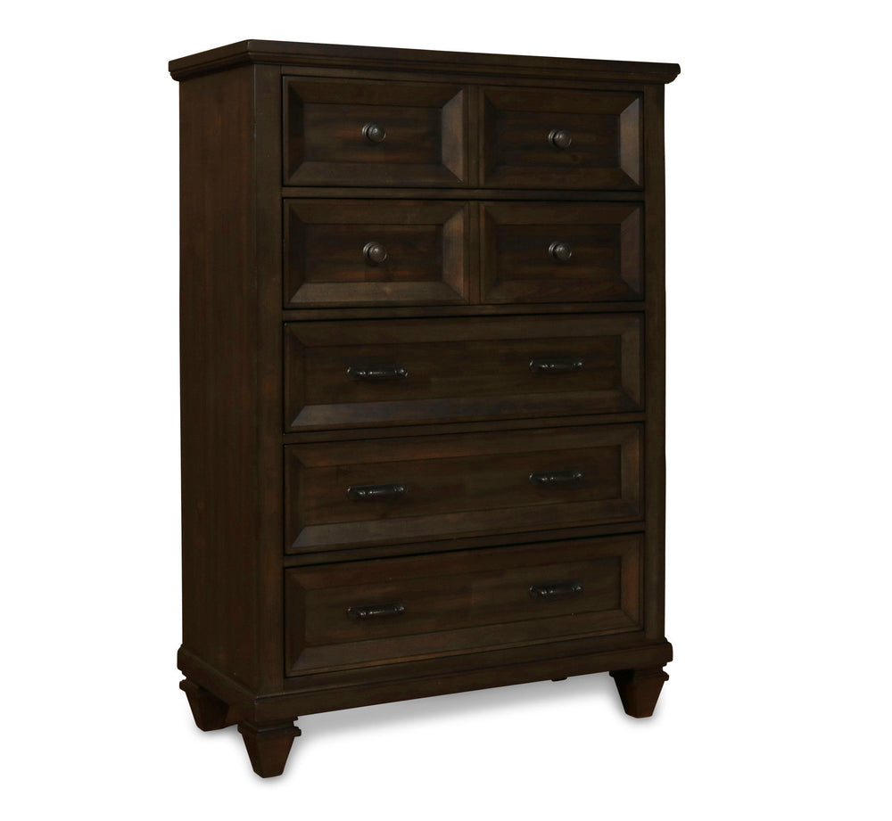 The Sevilla 5-Drawer Chest in walnut is a remarkable combination of timeless craftsmanship and versatile design, making it a sophisticated addition to any bedroom. Crafted from solid Acacia wood and enhanced with Acacia veneers, this chest is finished wit
