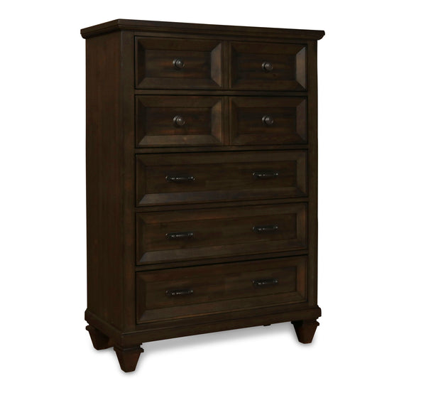 The Sevilla 5-Drawer Chest in walnut is a remarkable combination of timeless craftsmanship and versatile design, making it a sophisticated addition to any bedroom. Crafted from solid Acacia wood and enhanced with Acacia veneers, this chest is finished wit