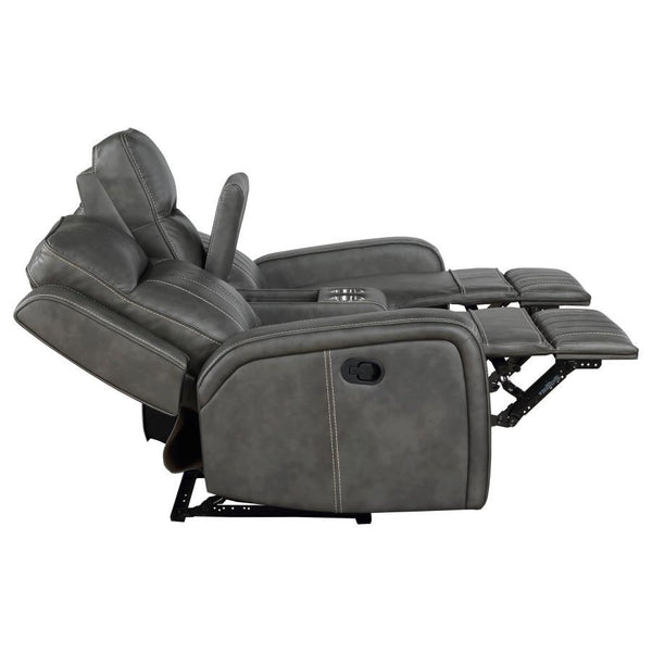 Raelynn - Upholstered Track Arm Motion Loveseat - Gray