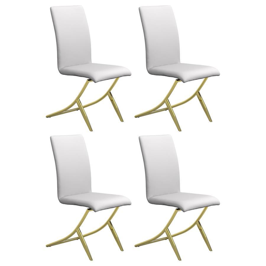 Elevate your dining space with this sophisticated side chair, featuring a sculptural brass metal base and smooth white leatherette upholstery. The armless silhouette and curved back offer modern flair with ergonomic comfort, while the crisscross leg desig