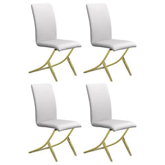 Elevate your dining space with this sophisticated side chair, featuring a sculptural brass metal base and smooth white leatherette upholstery. The armless silhouette and curved back offer modern flair with ergonomic comfort, while the crisscross leg desig