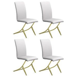 Elevate your dining space with this sophisticated side chair, featuring a sculptural brass metal base and smooth white leatherette upholstery. The armless silhouette and curved back offer modern flair with ergonomic comfort, while the crisscross leg desig