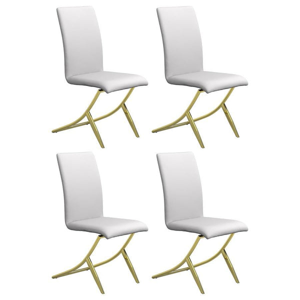 Elevate your dining space with this sophisticated side chair, featuring a sculptural brass metal base and smooth white leatherette upholstery. The armless silhouette and curved back offer modern flair with ergonomic comfort, while the crisscross leg desig