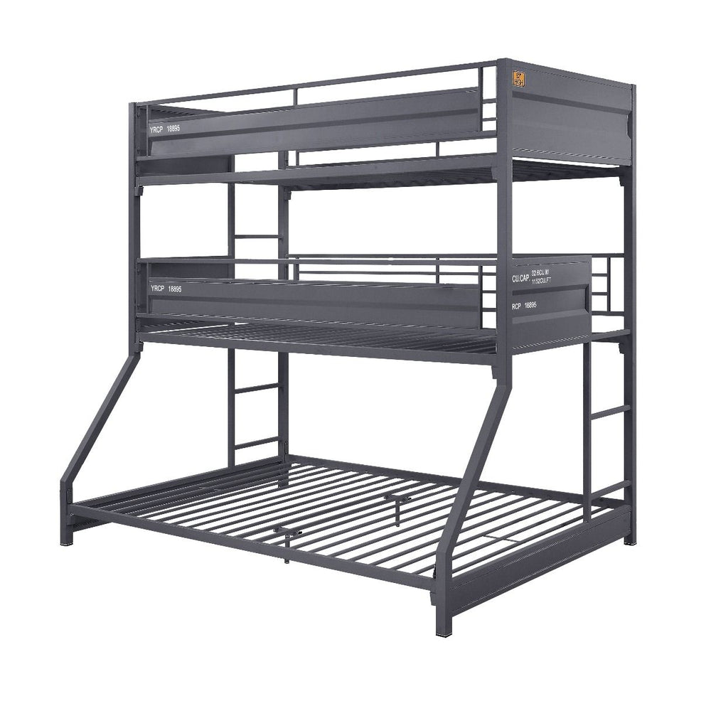 Infuse your small space with a big dose of functional, industrial-style. Full of versatile characteristics, this three-tiered bed is the best solution to a small shared bedroom. Shipping container design creates an industrial-inspired profile with a gunme