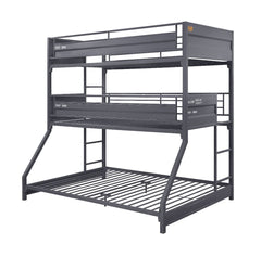 Infuse your small space with a big dose of functional, industrial-style. Full of versatile characteristics, this three-tiered bed is the best solution to a small shared bedroom. Shipping container design creates an industrial-inspired profile with a gunme