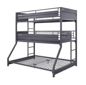 Infuse your small space with a big dose of functional, industrial-style. Full of versatile characteristics, this three-tiered bed is the best solution to a small shared bedroom. Shipping container design creates an industrial-inspired profile with a gunme