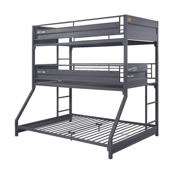 Infuse your small space with a big dose of functional, industrial-style. Full of versatile characteristics, this three-tiered bed is the best solution to a small shared bedroom. Shipping container design creates an industrial-inspired profile with a gunme