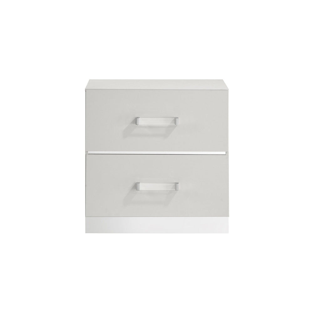 The Europa 2 Drawer Nightstand in white combines sleek, modern design with practical functionality. This nightstand features a gleaming white finish, mylar accents, and acrylic drawer pulls for a sophisticated look. Constructed with eco-friendly manufactu
