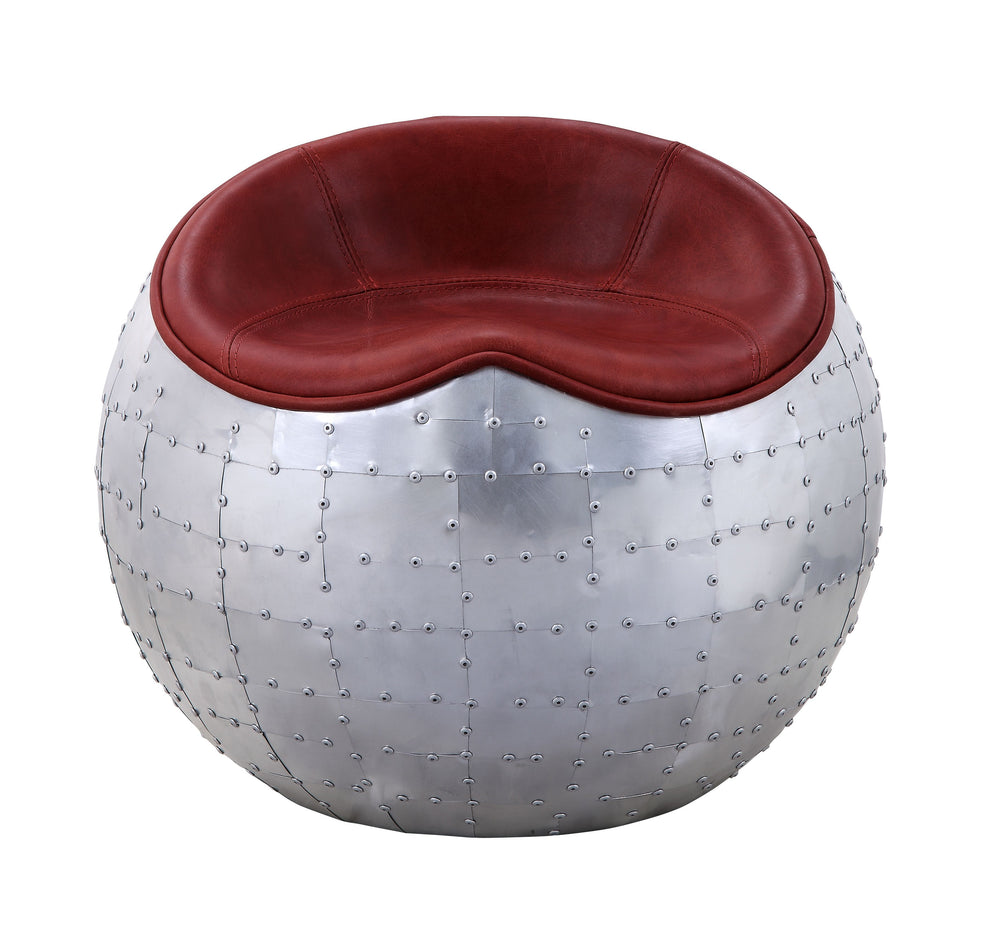 With its whimsically round aluminum base, the Brancaster ottoman is a unique accent seat that will look great in any room. The padded seat is upholstered in top grain leather, and comes in four color options: retro brown, antique ebony, antique red, and a