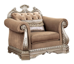 The Northville chair is exclusively designed and filled with romantic spirit. This beautiful velvet upholstered chair features carved legs, apron, and trim, decorated with raised and scrolled floral motifs in an antique silver finish. This sophisticated c