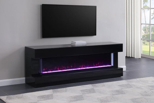Create incredible ambiance in your living room with a modern TV stand that includes a visual flame box. It delivers realistic three-dimensional flames that offer 13 color options and adjustable brightness to create the perfect mood. The case features clea