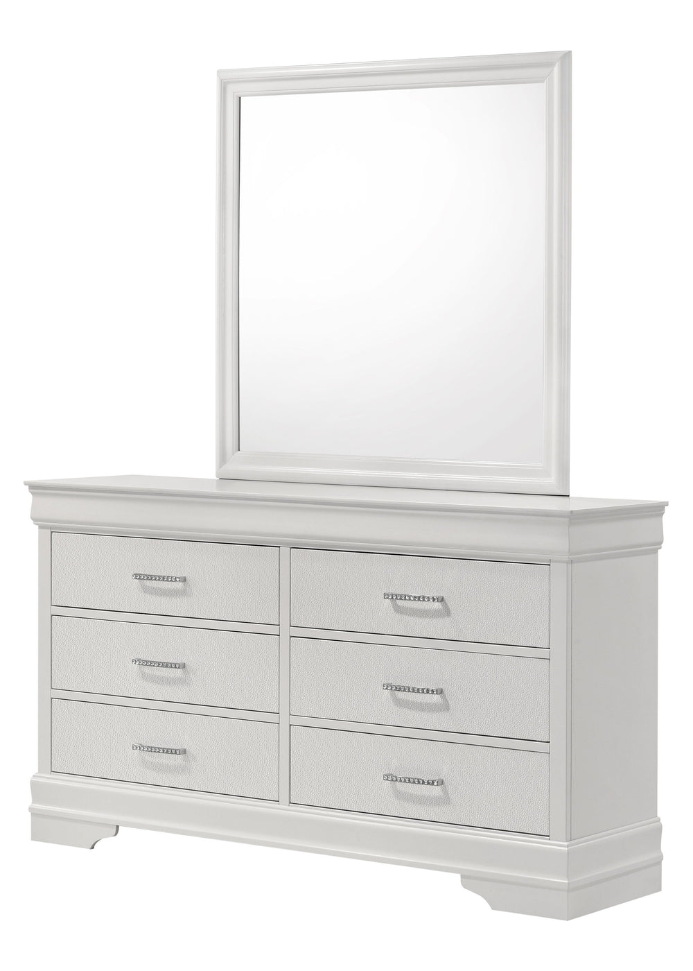 This bedroom set embodies a refined elegance with its crisp white hue and luxurious textures, perfect for creating a serene and sophisticated sanctuary. The centerpiece is a sumptuous bed framed by a headboard with diamond-tufted detailing, offering a tou