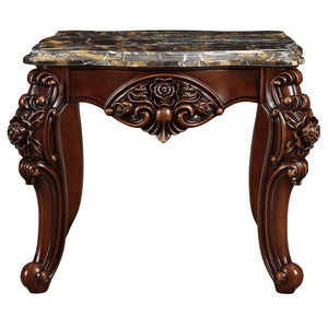 KD, Square Leg End Table â€¢ No Storage (Open Base) â€¢ Scalloped Marble Top â€¢ Wooden Scalloped Apron with Carved Floral Motifs â€¢ Wooden Queen Anne Legs<br/><br/><b>Product Features</b><ul><li>Occasional Table</li><li>No Storage (Open Base)</li><li>Sc