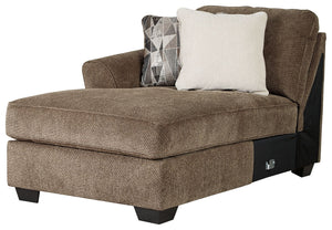 This left-arm facing corner chaise is made with polyester upholstery. Pairs with other items in the series to make a sectional.<br><br><b>Additional Dimensions</b><br><ul><li>Arm height: 26-"</li><li>Leg height: 3-"</li><li>Minimum width of doorway for de