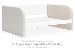 This set of full upholstered daybed side panels is made with engineered wood (MDF/particleboard/plywood) and polyester upholstery. Pairs with other items in the series to make a bed kit.<br><br><b>Additional Dimensions</b><br><ul><li>Assembled full bed: 0