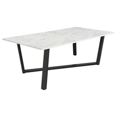Strikingly modern with a classic twist, this dining table features a spacious faux marble top and an asymmetrical gunmetal metal base. The clean white surface offers the elegant look of marble with easy-care convenience, while the bold leg design brings a