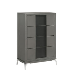 Meet the Nocturne 4 Drawer Chest, a testament to modern design and functionality. Constructed with the robustness of Rubberwood solid wood and the finesse of Okoume veneers, this nightstand promises durability and a touch of elegance. The slate gray finis