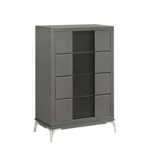 Meet the Nocturne 4 Drawer Chest, a testament to modern design and functionality. Constructed with the robustness of Rubberwood solid wood and the finesse of Okoume veneers, this nightstand promises durability and a touch of elegance. The slate gray finis