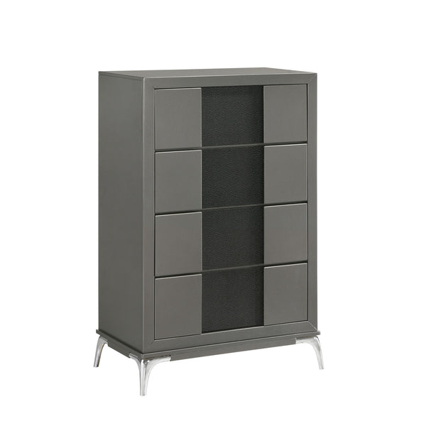 Meet the Nocturne 4 Drawer Chest, a testament to modern design and functionality. Constructed with the robustness of Rubberwood solid wood and the finesse of Okoume veneers, this nightstand promises durability and a touch of elegance. The slate gray finis