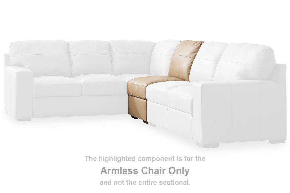 This armless chair is made with a combination of 100% top grain leather and faux leather upholstery. Pairs with other items in the series to make a sectional.<br><br><b>Additional Dimensions</b><br><ul><li>Seat depth: 24-"</li><li>Seat height: 23-"</li><l