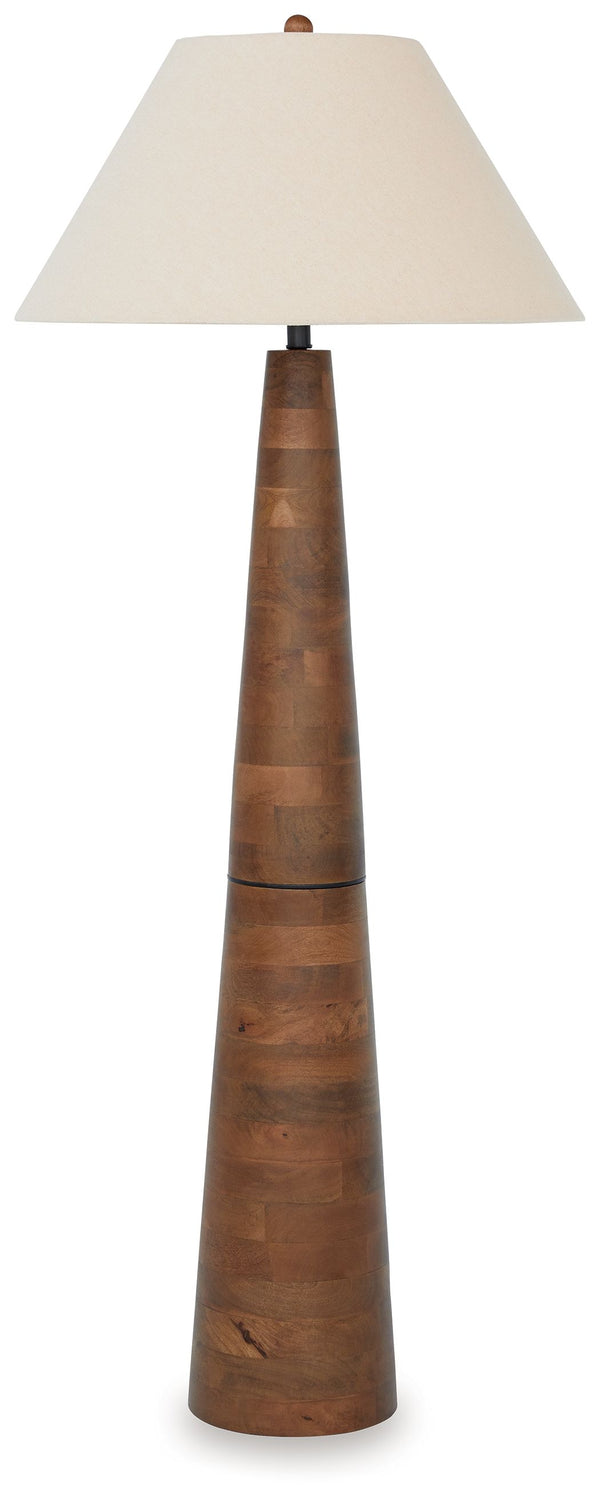 Clean, contemporary style can be sleek and shinyâ€”or subtle and earthy. We love how this floor lamp falls into the latter category. Pairing a stylish shade with a wood base bathed in a honey brown finish, it has a delightfully different yet simply illumi