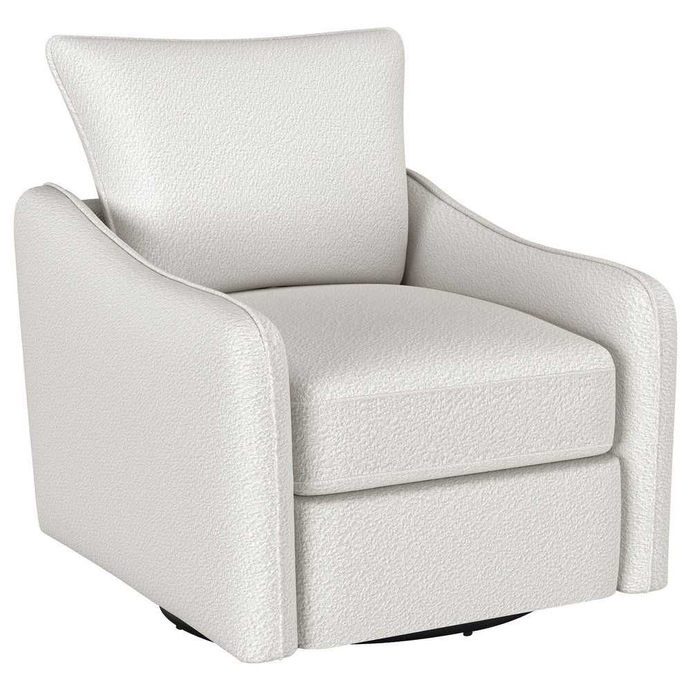 Nestled within the soft embrace of this bouclÃ© upholstered chair, one finds a moment of tranquility. Its harmonious 360 swivel and glider functionality make each movement a fluid dance, a gentle invitation to unwind. The meticulously shaped arms, a testa