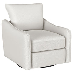 Nestled within the soft embrace of this bouclÃ© upholstered chair, one finds a moment of tranquility. Its harmonious 360 swivel and glider functionality make each movement a fluid dance, a gentle invitation to unwind. The meticulously shaped arms, a testa