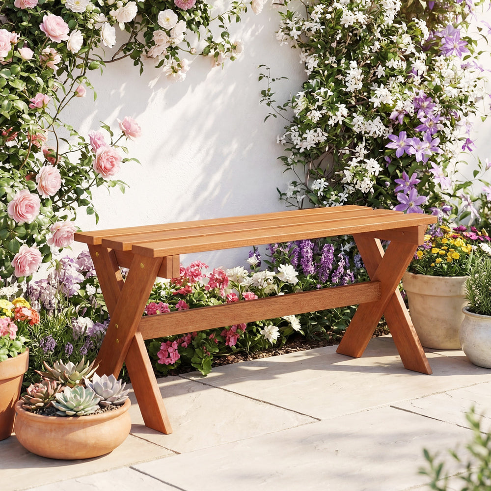 Solid hardwood construction ensures strength and long-lasting outdoor durability<br>Teak oil treated surface improves wood longevity<br>Spacious 36-inch seat comfortably accommodates 2 adults together<br>Backless design allows flexible placement from eith