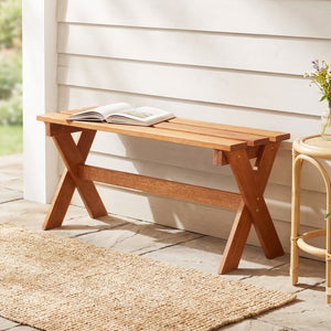 Solid hardwood construction ensures strength and long-lasting outdoor durability<br>Teak oil treated surface improves wood longevity<br>Spacious 36-inch seat comfortably accommodates 2 adults together<br>Backless design allows flexible placement from eith