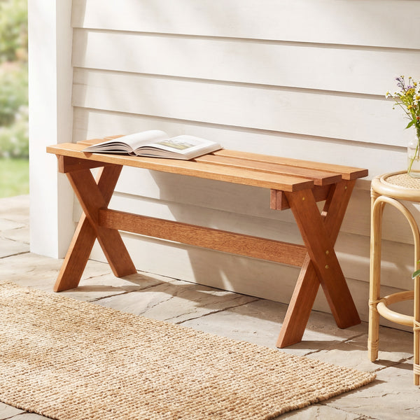 Solid hardwood construction ensures strength and long-lasting outdoor durability<br>Teak oil treated surface improves wood longevity<br>Spacious 36-inch seat comfortably accommodates 2 adults together<br>Backless design allows flexible placement from eith